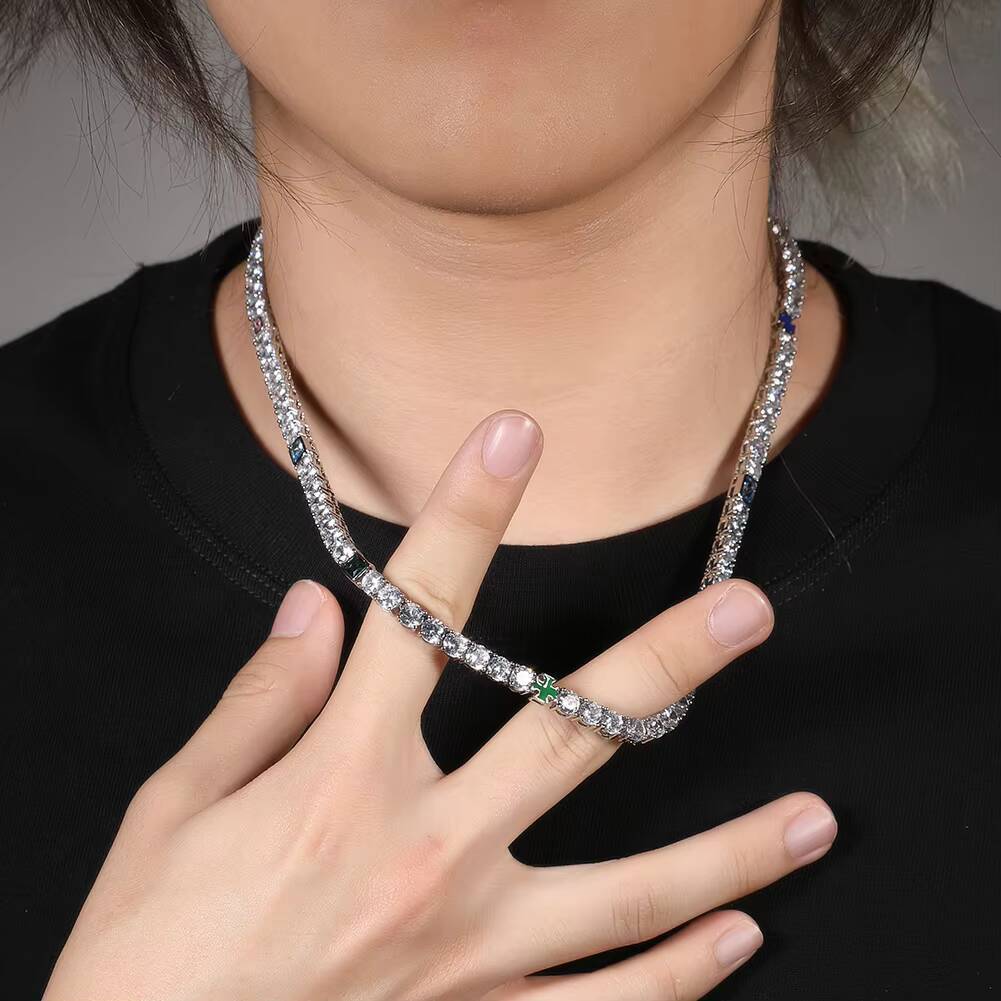 Hot Sale 5mm Cross Opal Necklace Men Women Hip Hop Jewelry Platinum Plated Colorful Iced Out Tennis Chain
