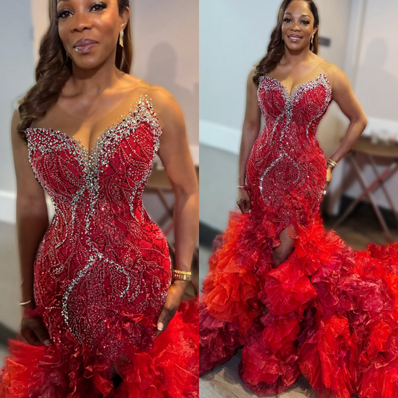2025 Aso Ebi Red Prom Dress Evening Dresses Formal Gowns Illusion Mermaid Sheer Neck Tires Tulle Side Split Beaded lace Birthday Dress Second Receptio