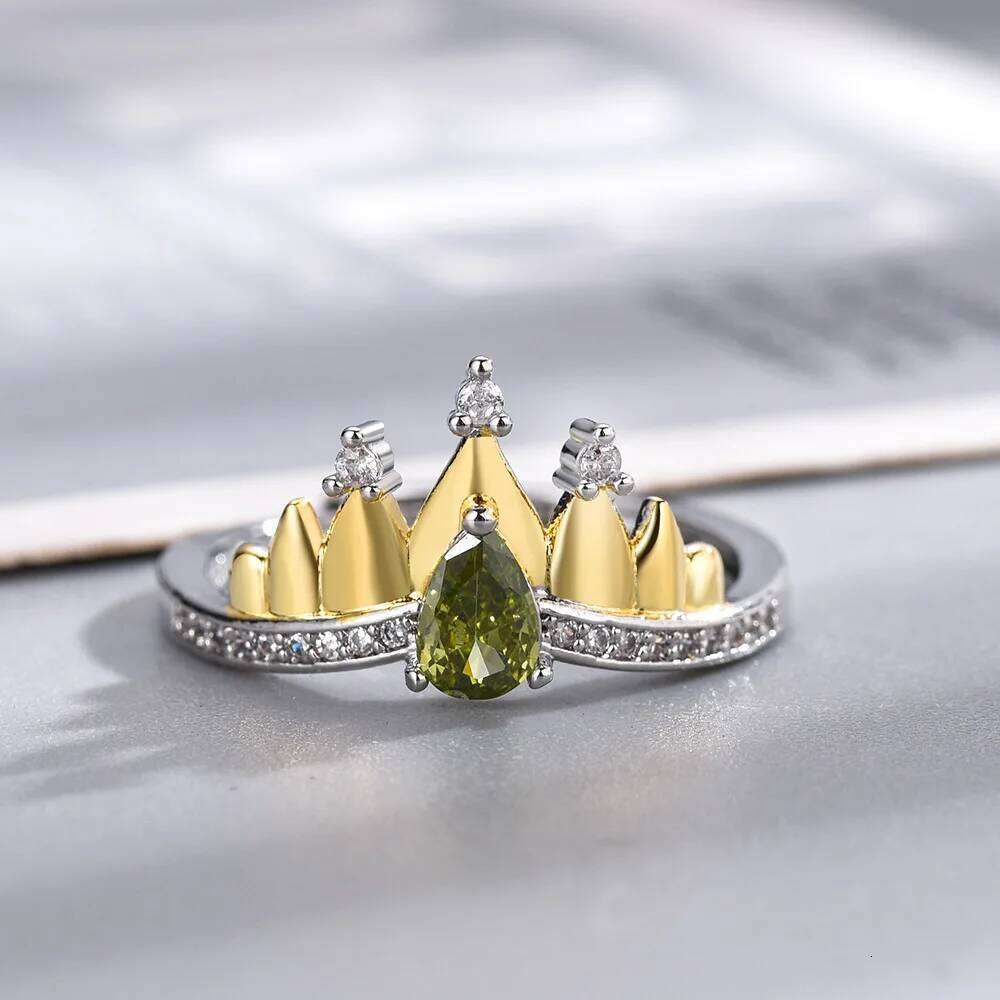 Princess Crown Ring, Jewelry For Women ,Trendy Wedding Party Accessories,Sier Plated ,Adjustable, Green Zircon , Ring Gifts