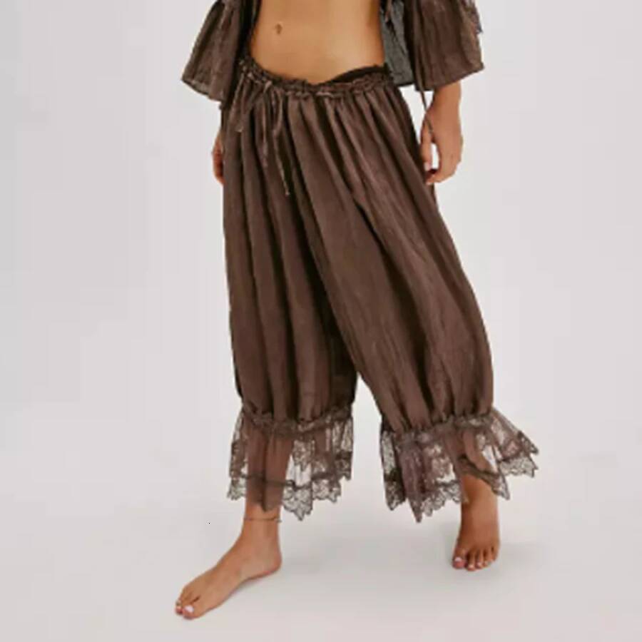 Women's Y2K Loose Fit Bloomers Cropped Pants Drawstring High Waist Floral Lace Patchwork Calf-Length Lantern Trousers dongdumaoyi