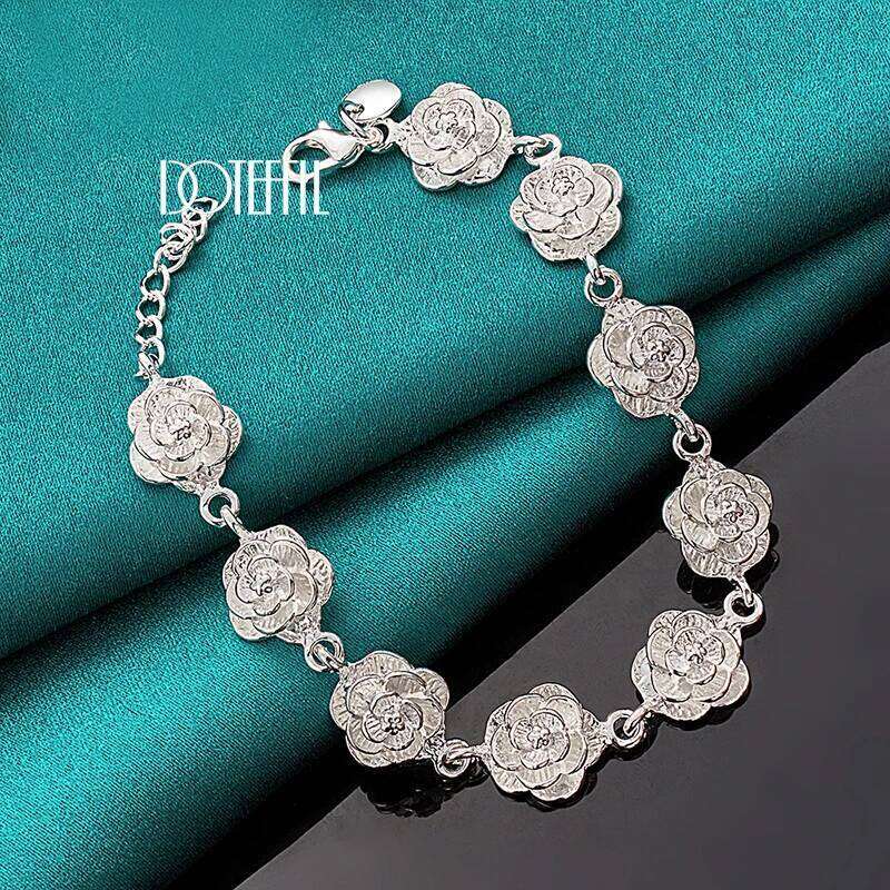 DOTEFFIL Sterling Sier Full Rose Flower Chain Bracelet For Women Wedding Engagement Party Fashion Charm Jewelry
