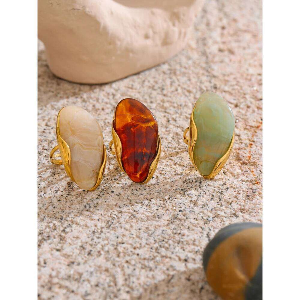 Yhpup New Design Brown Green Beige Resin Geometric Adjustable Ring Golden PVD Stainless Steel Rust Proof Finger Jewelry Gift