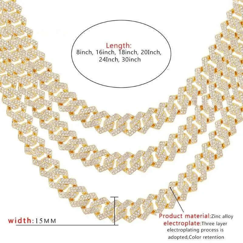 Chains 15mm Miami Prong Cuban Chain k Sier Color Necklaces 2 Row Full Iced Out Rhies Bracelet Set For Mens Hip Hop