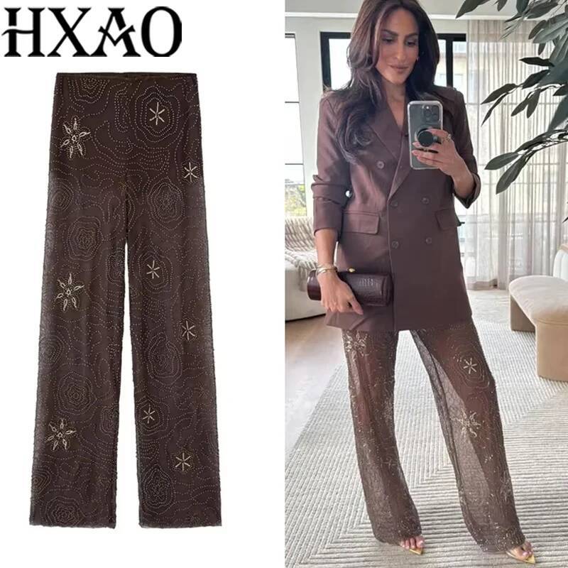 HXAO 2025 Beaded Tulle For Woman Baggy Sequin New In Pants Spring Summer Semi Sheer Women's Trousers 088 dongdumaoyi
