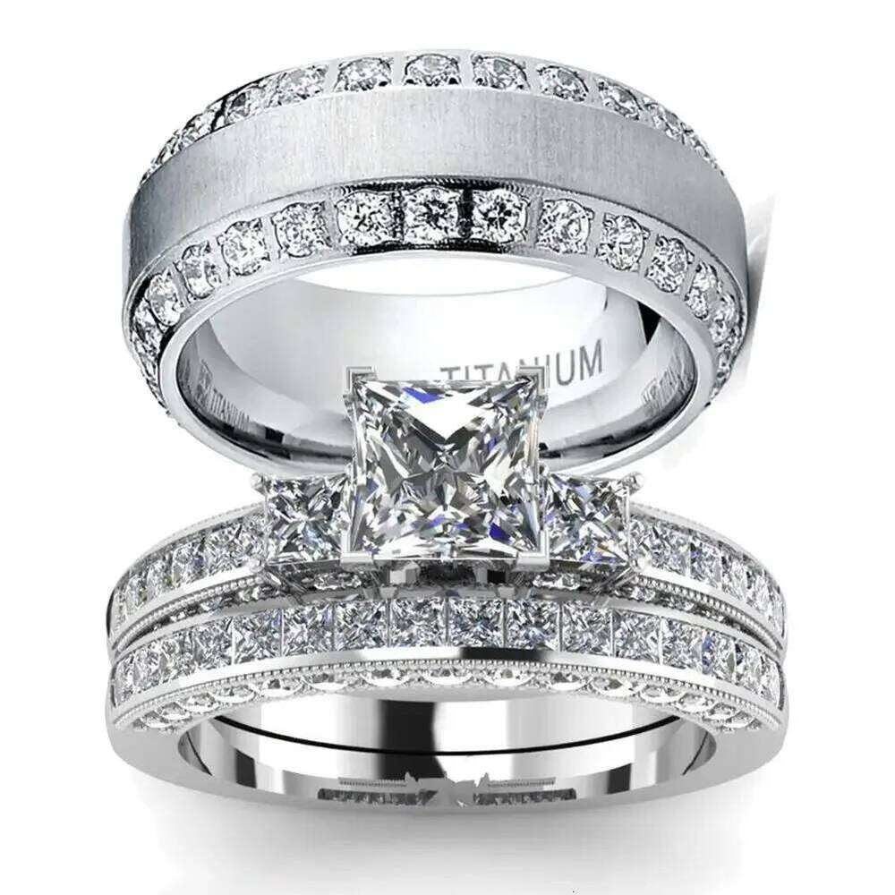 Couple Women White Rhinestones Zirconia Rings Set Simple CZ Stainless Steel Men Ring Wedding Jewelry For Lover Gifts