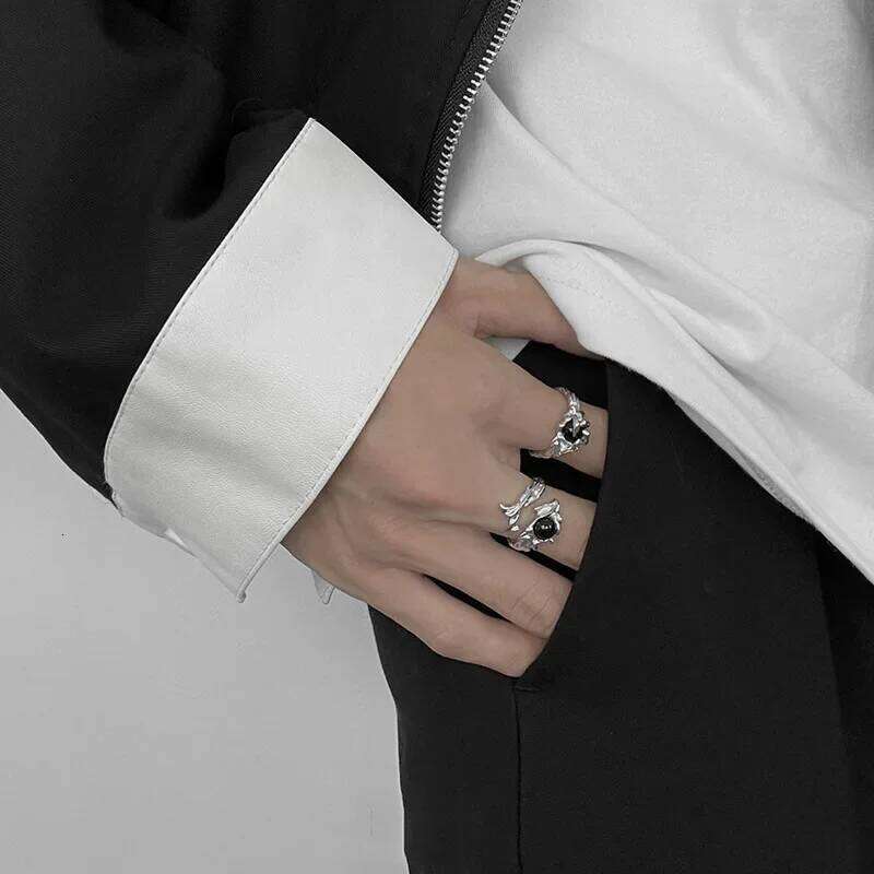 Gothic Irregular Gemstone Aesthetic Girls Adjustable Black Stone Women's Liquid Punk Ring Vintage Jewelry Accessories