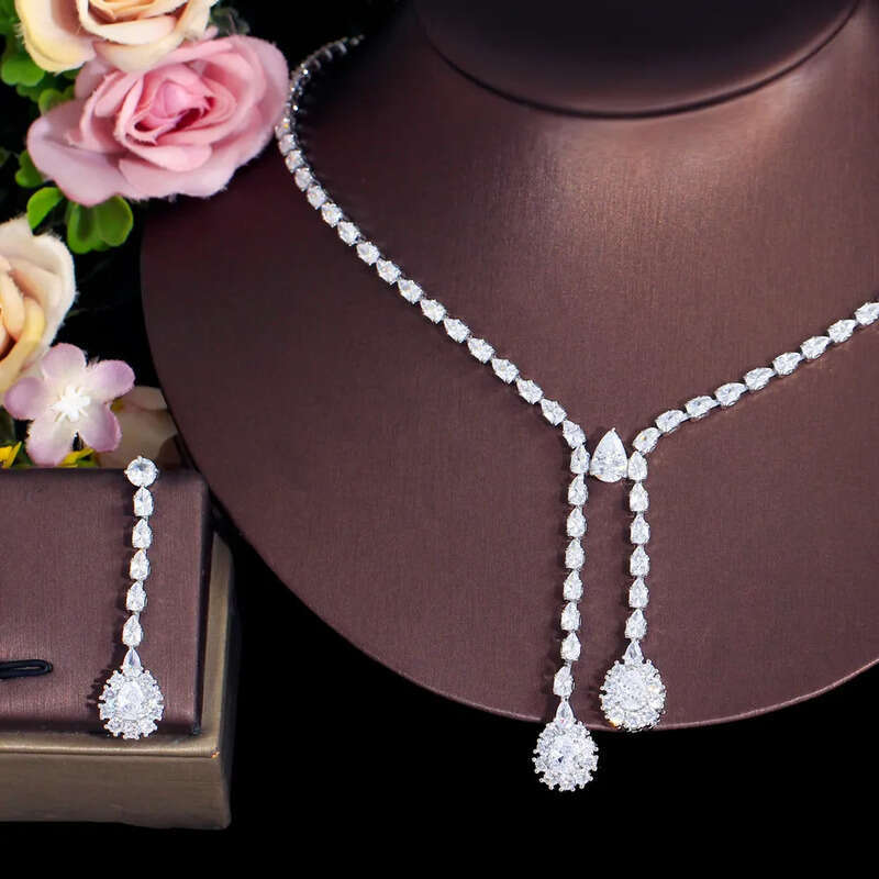 2023 Wedding Jewelry Sets White Gold Fill Water Drop 5A Cubic Zircon CZ Dia Sparkling Handmade Party Women Bridal Dangle Earring Necklace Gift