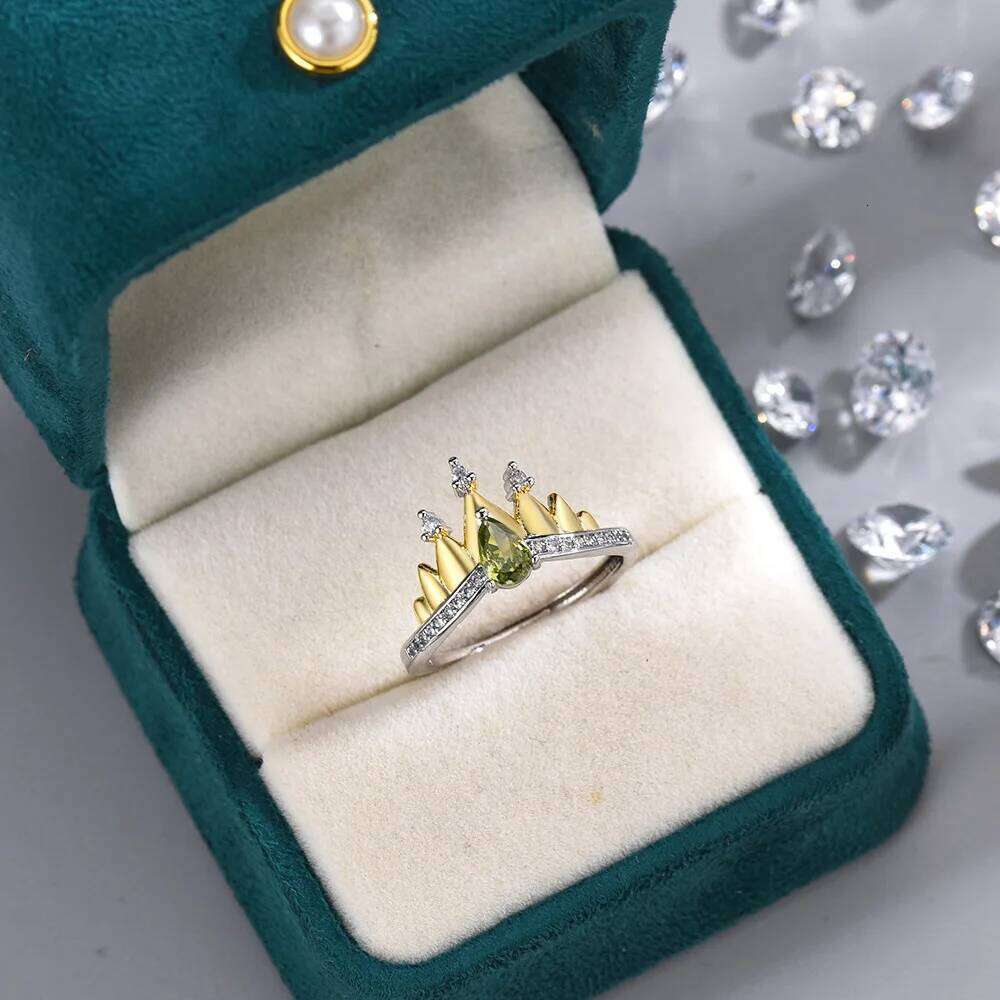 Princess Crown Ring, Jewelry For Women ,Trendy Wedding Party Accessories,Sier Plated ,Adjustable, Green Zircon , Ring Gifts