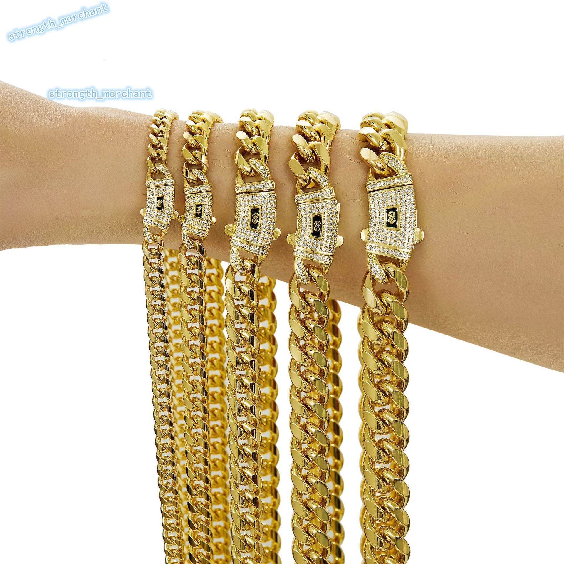 Fashion Hip Hop 12MM 14K Gold Stainless Steel Moissanite bracelet Iced Out Clasp Miami Cuban Chain Necklace Bracelet Men Jewelry