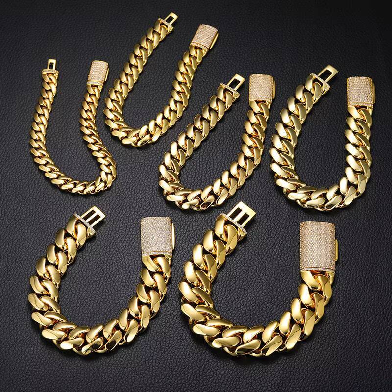 Customized Moissanite Cuban Chain Bracelet Necklaces 14K 18K Gold Plated Solid Miami Cuban Link Chain Hip Hop for Men