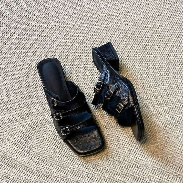 35-43 Plus Size Square Toe One-Strap Buckle Sandals for Women New Black Designer Shoe Open-Toe Chunky heel Outdoor Fashion Casual Slippers
