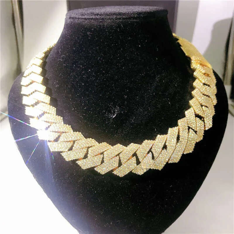 20mm 4 Rows Hand Set Mens Necklace 10k Yellow Gold Vvs Moissanite Dia Cuban Link Chain