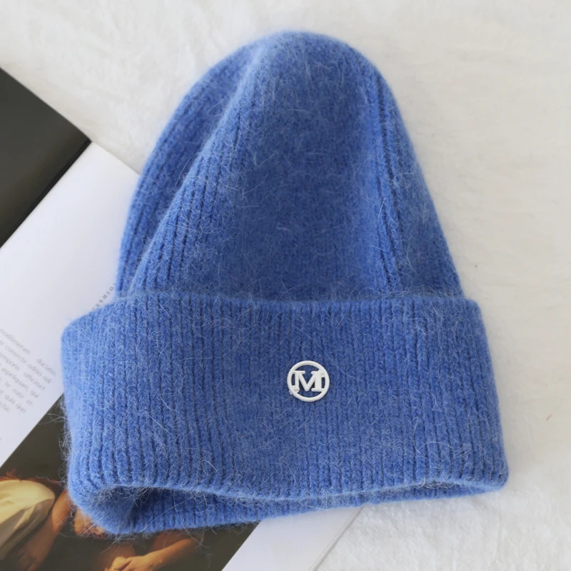 Fluffy Angora Hat Rabbit Fur Warm Winter hat For Womans Cashmere Wool Soft Beanies Blue Knitted Hat Outdoor Ski Female 250930