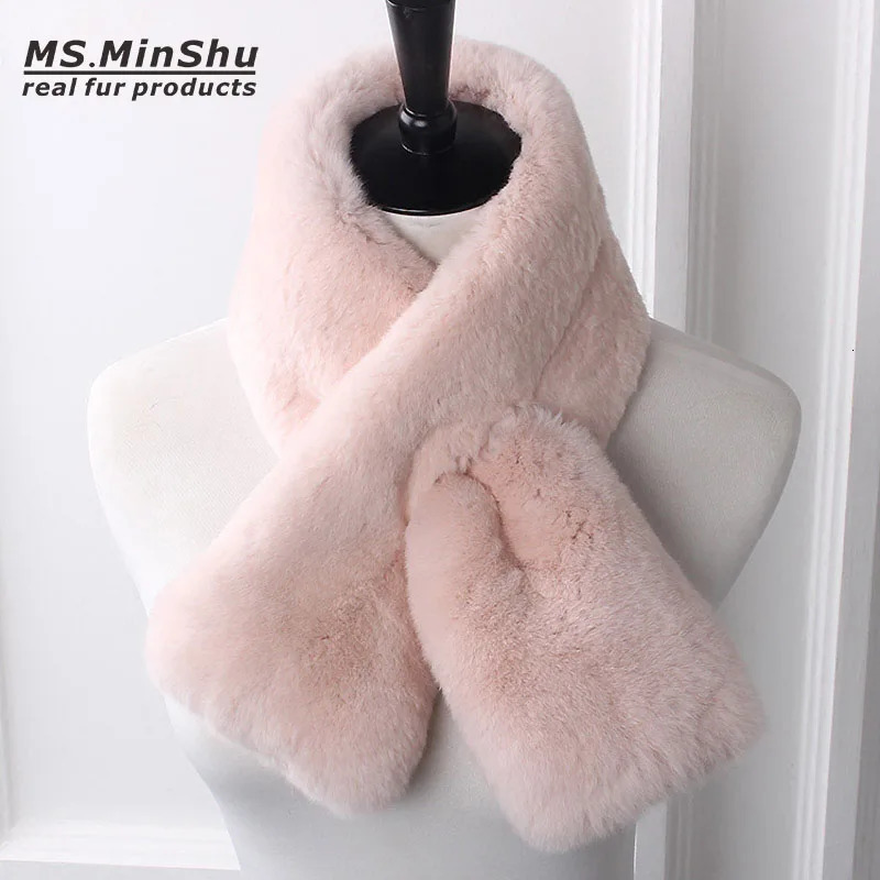 MSMinShuGenuine Rex Rabbit Fur Scarf for Women Short Style Double Faced Fur Neck Warmer for Lady Winter Fashion 250930