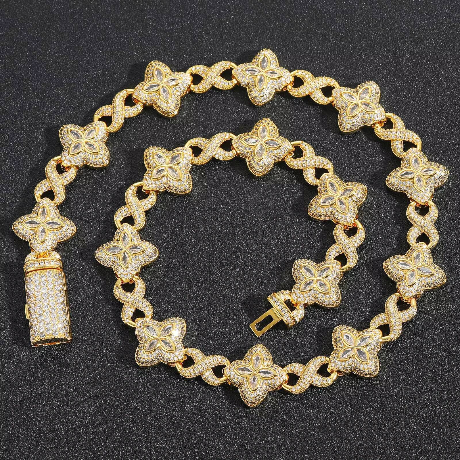 BES Hip Hop Gold Inlaid Jade Necklace; Ice Type Four-Leaf Clover Bracelet; 5A Moissanite Diamond M Chain Women's Bracelet