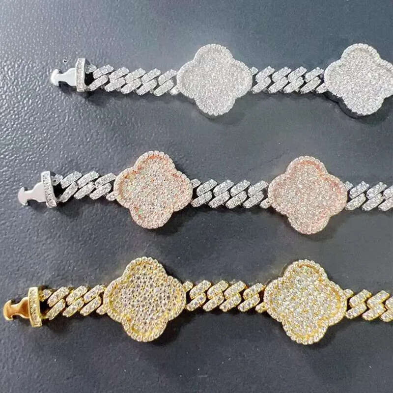 Goldleaf New Product SIER Moissanite Trendy Hip Hop Style Iced Out Lucky Flower Cuban Link Chain Bracelet