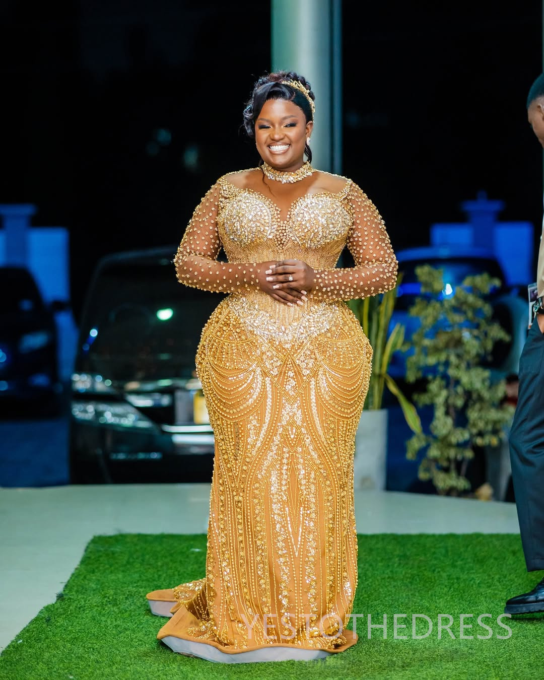 2025 Plus Size Gold Prom Dress Evening Dresses Formal Gowns Illusion Mermaid High Neck Long Sleeves Beaded lace Crystals Birthday Dress Second Recepti