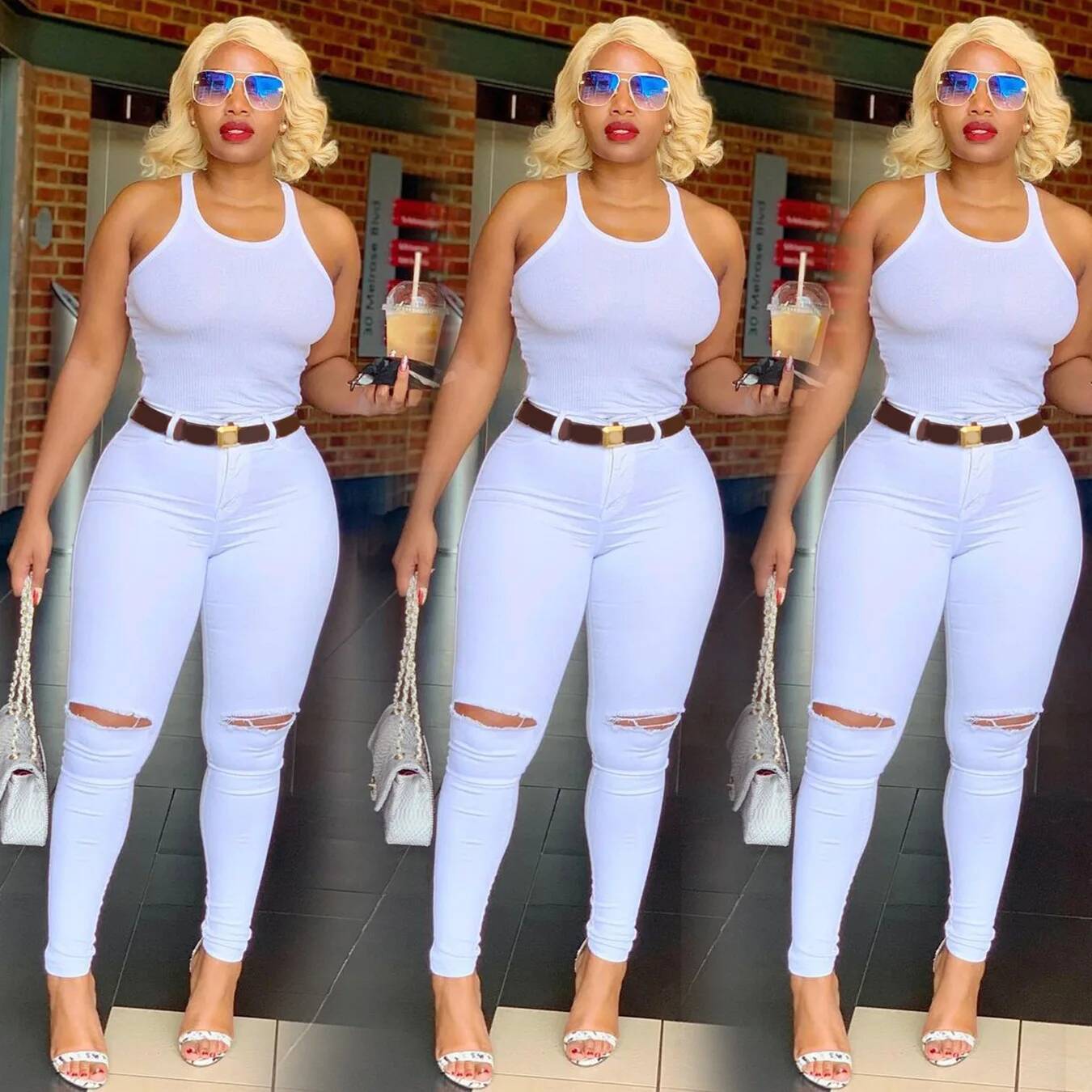2023 Spring New Women's White High Waist Ripped Jeans Fashion Slim Stretch Denim Pencil Pants Casual Female Clothing S-3XL dongdumaoyi