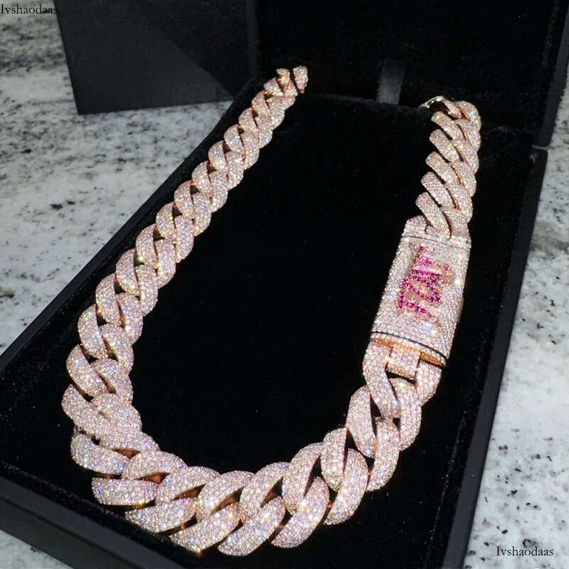 Custom Heavy Sier for Men 13mm-22mm Width S Solid Rose Gold Plated VVS Moissanite Dia Cuban Link Chain