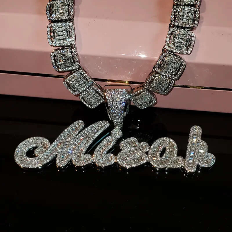necklace moissanite chain Custom Brush Cursive Iced Out Letter Pendant Name Necklace Baguettes Chain Micro Paved CZ Personalized Hiphop Jewelry