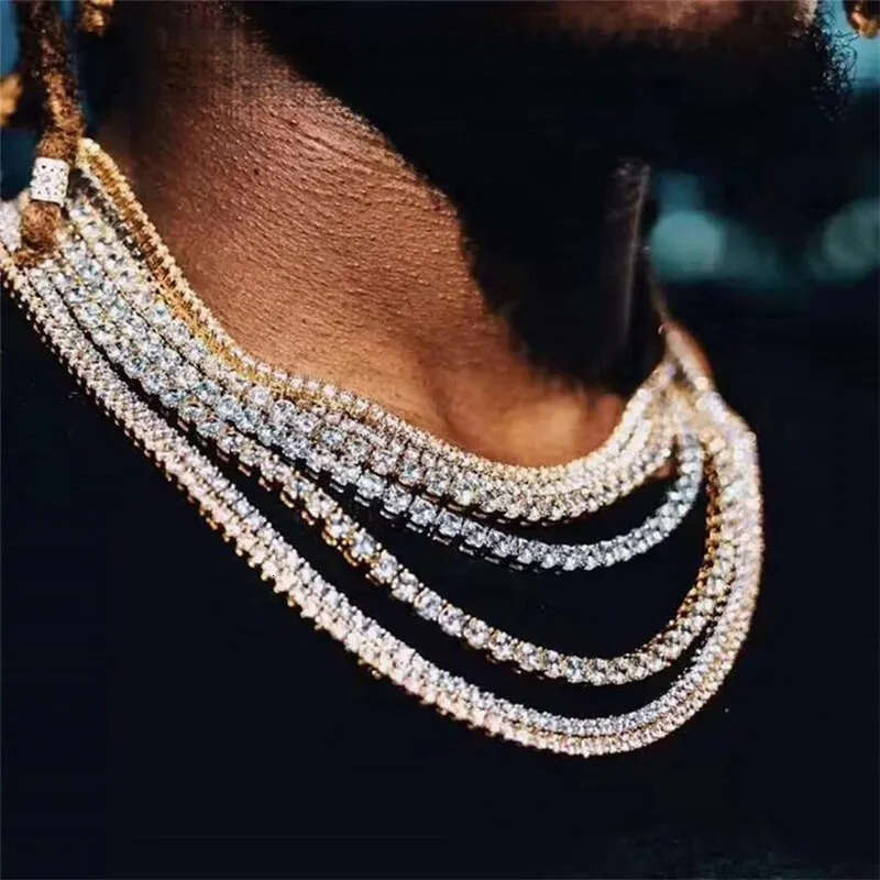 Designer mens hiphop chains dia one row tennis hip hop jewelry necklace 3mm 4mm sier rose gold crystal chain necklaces