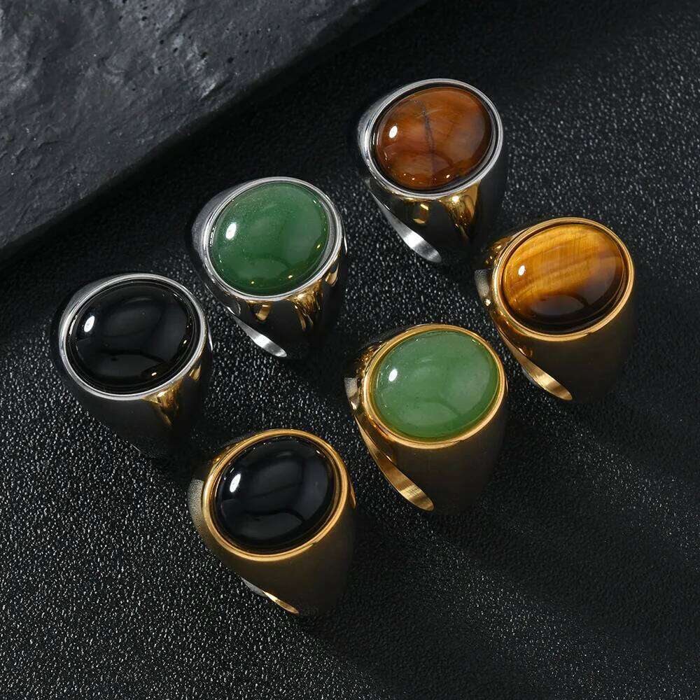 Vintage Men's Women Stainless Steel Oval Natural Stone Opals Rings Wedding Bands