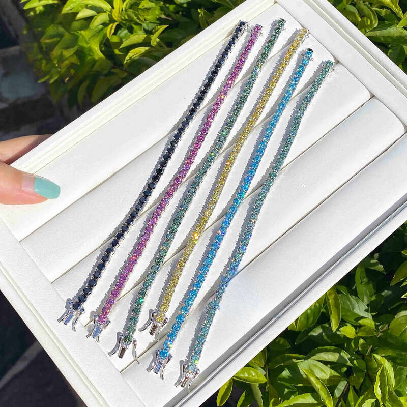 FancyJewelry Hip Hop Sterling Sier VVS Dia 3mm Moissanite Tennis Bracelet Black Blue Blue-Green Yellow Pink