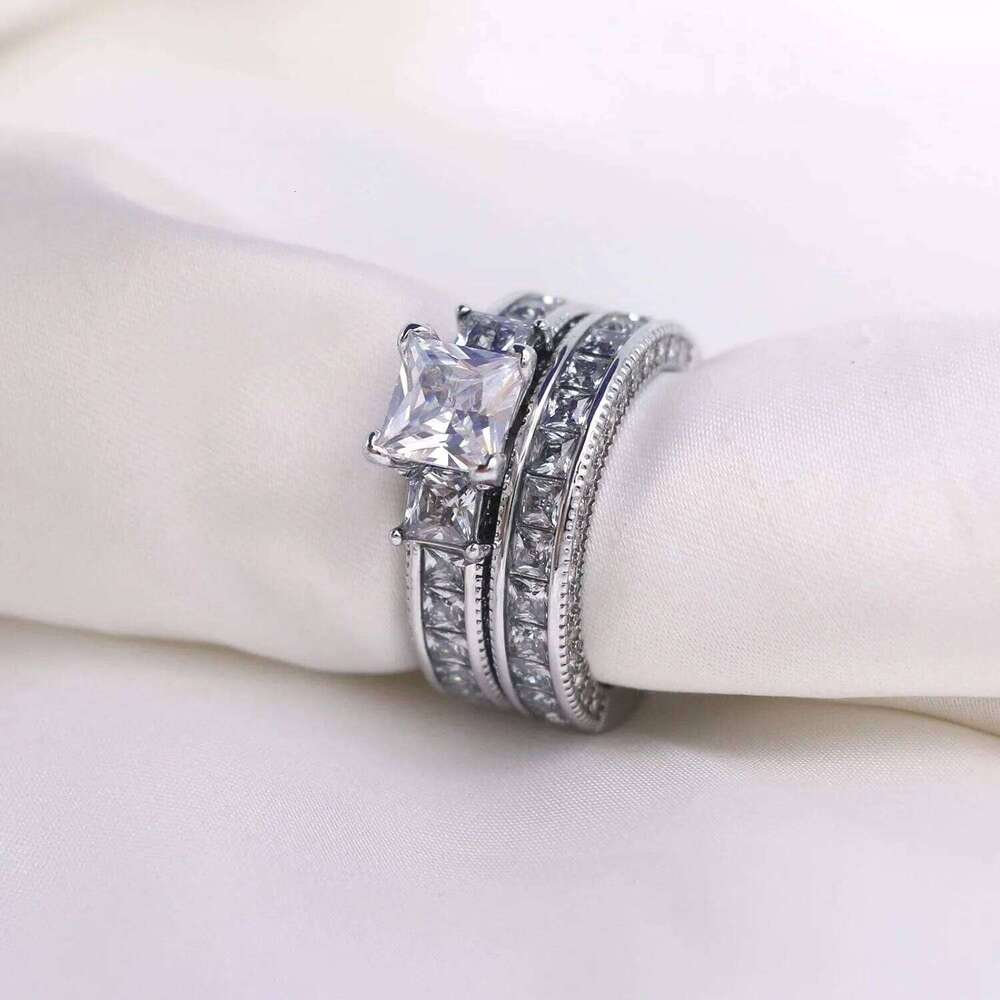 Couple Women White Rhinestones Zirconia Rings Set Simple CZ Stainless Steel Men Ring Wedding Jewelry For Lover Gifts