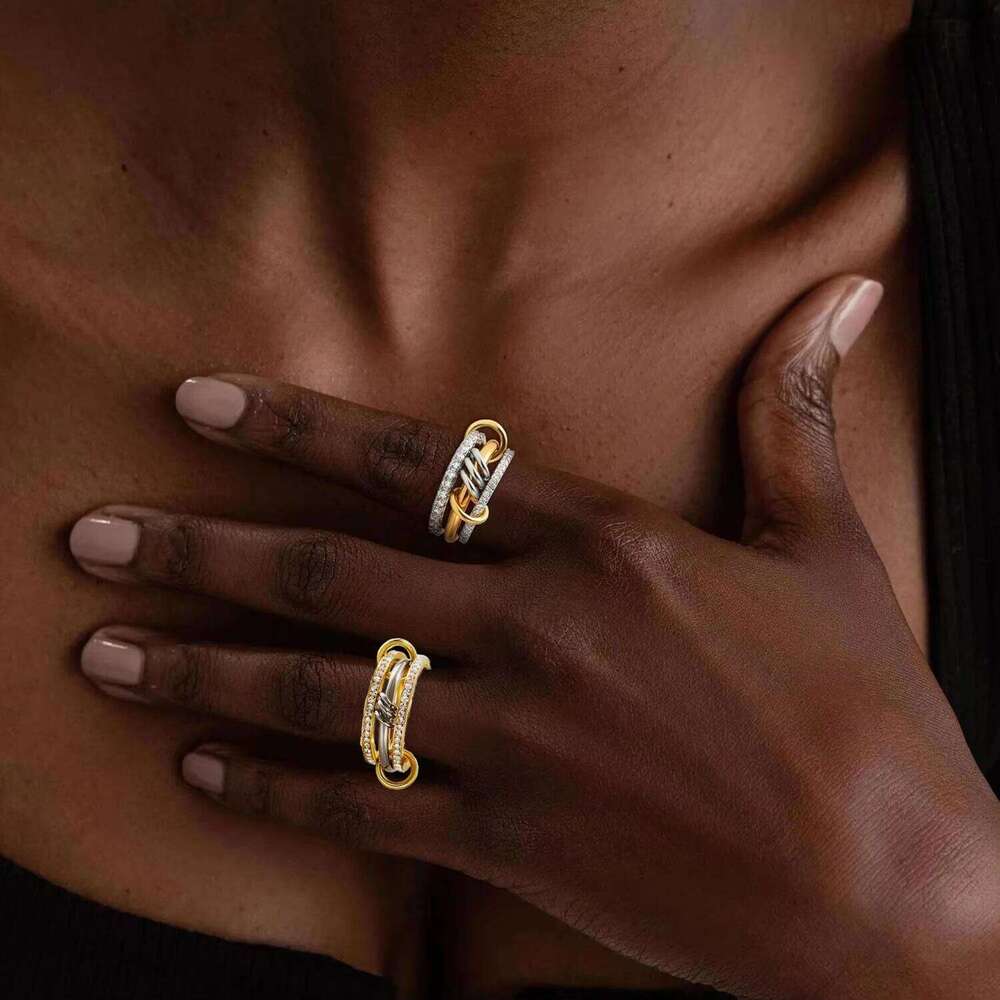 New Stainless Steel Cubic Zirconia Stackable Rings for Women GoldPlating Multi-Link Connected Statement Ring Stack Jewelry