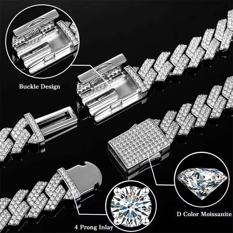 10/12/16/19MM Two Rows VVS Iced Out Dia Sterg Sier Men Necklace Miami Moissanite Cuban k Chain