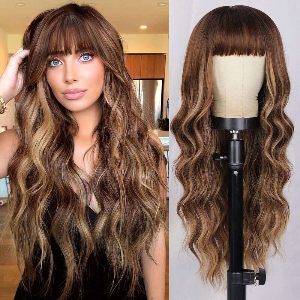 Temu Hot Selling for Women Black Gradient White Bangs Big Waves Long Curly Hair High Temperature Fiber Full Wig