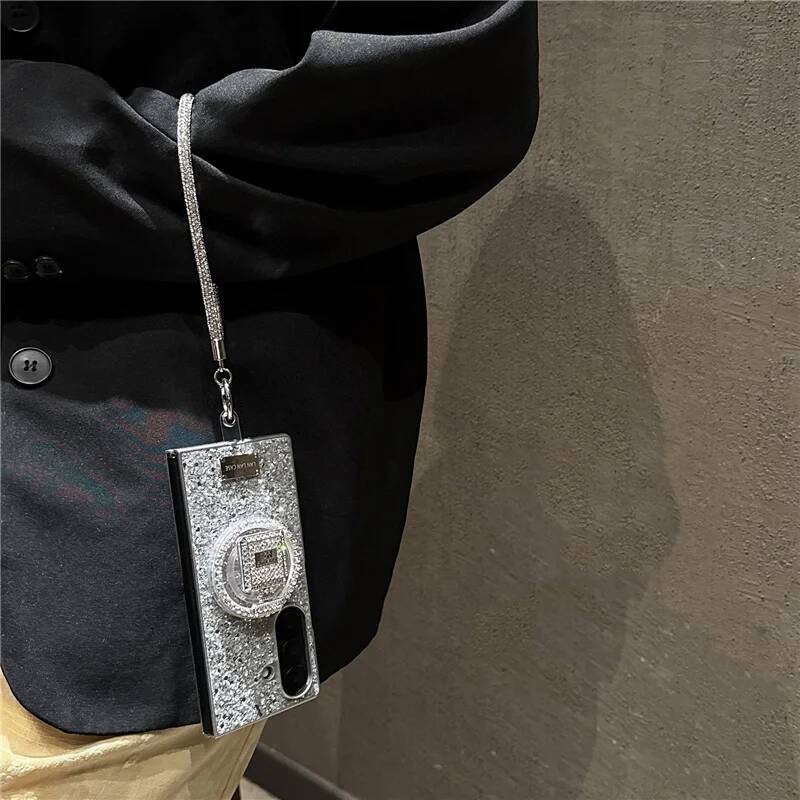 Fashion Glitter Magnetic Phone Case For Samsung Galaxy Z Fold 7 6 5 4 3 Fold6 Fold7 Cover with Magsafe Love Stand Chain Cases