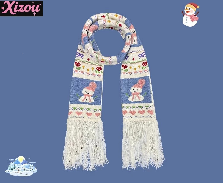Japanese Retro Jacquard Soft Snowman Hand Embroidered Fringed Scarf To Keep Warm Niche Fashion Versatile Knitted Scarf Unisex 250930