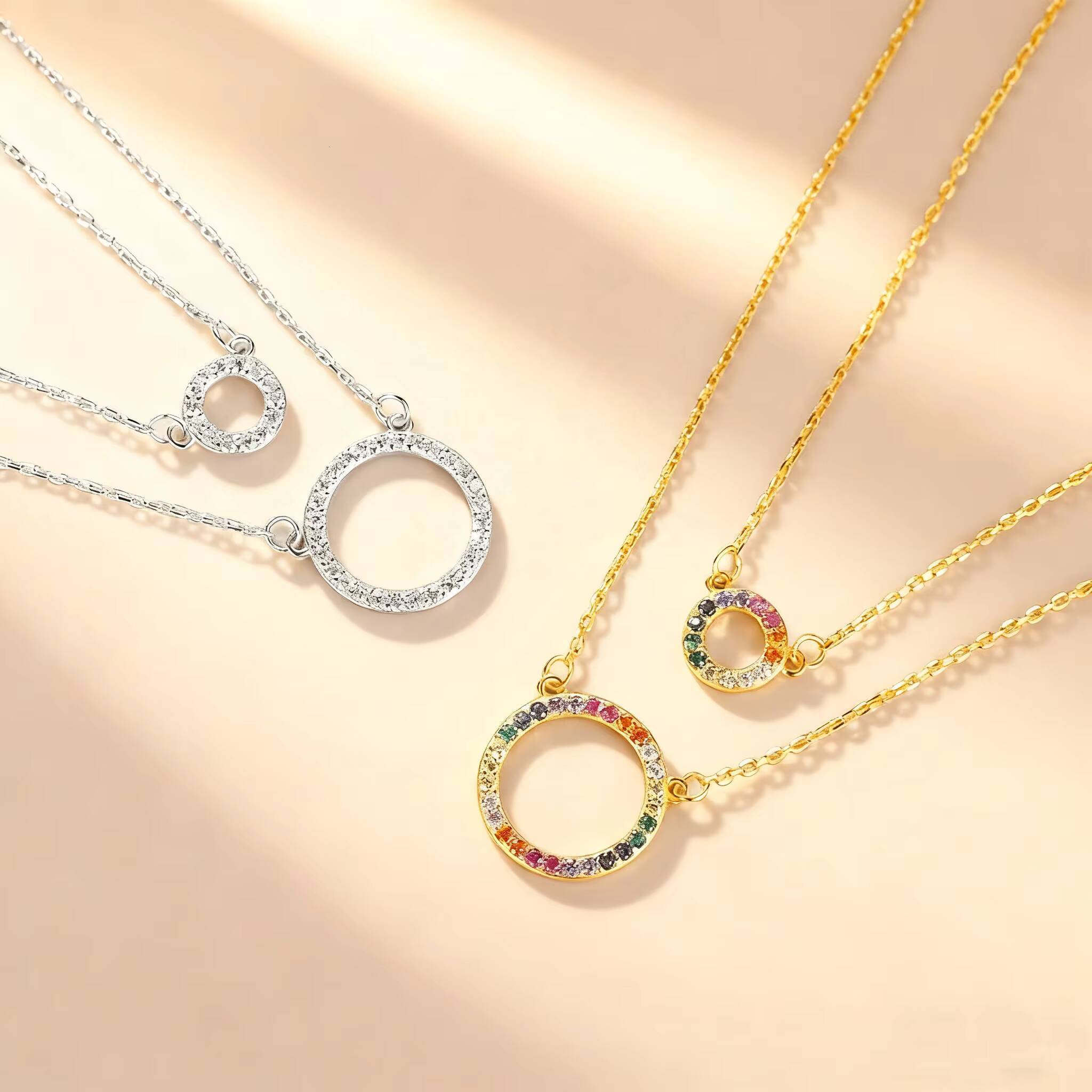 Summer Rainbow Fine Jewelry S925 Gold Plated Multi Colors Short Layered Moissanite Colorful Hollow Circle Pendant Necklace for Women