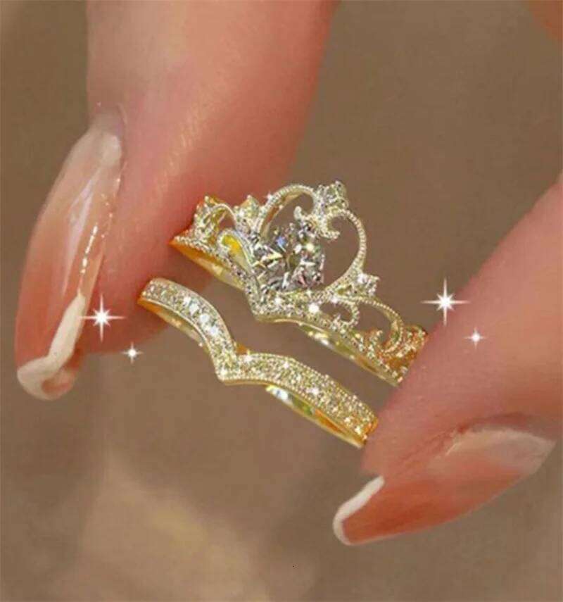 2PCS Fairy Sparkling Crown Rings for Women Teen Crystal Korean Adjustable Siery Anniversary Gift Party Queen Ring Set Jewelry
