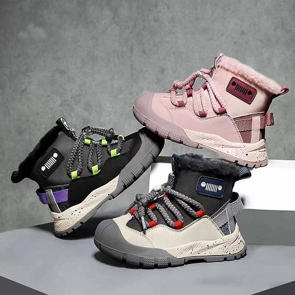 PU Leather Children's Snow 2025 Trend Fashion Kid's Plush Boots Winter Faux Fur Teenager Boy's Gril's Warm Cotton Shoes