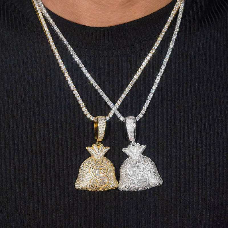 Solid Back Hip Hop Jewelry Money Bag Custom Iced Out Fashion Sier VVS Moissanite Baguette Dia Wealthy Pendant