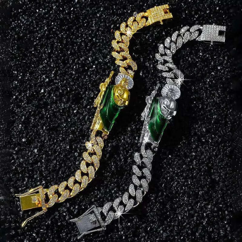 DHCollections Hip Hop Cuban Link Bracelet with Religious Figure Iced Out Bling Gold Color 20cm Alloy Chain Accessory for Men 1 Piece