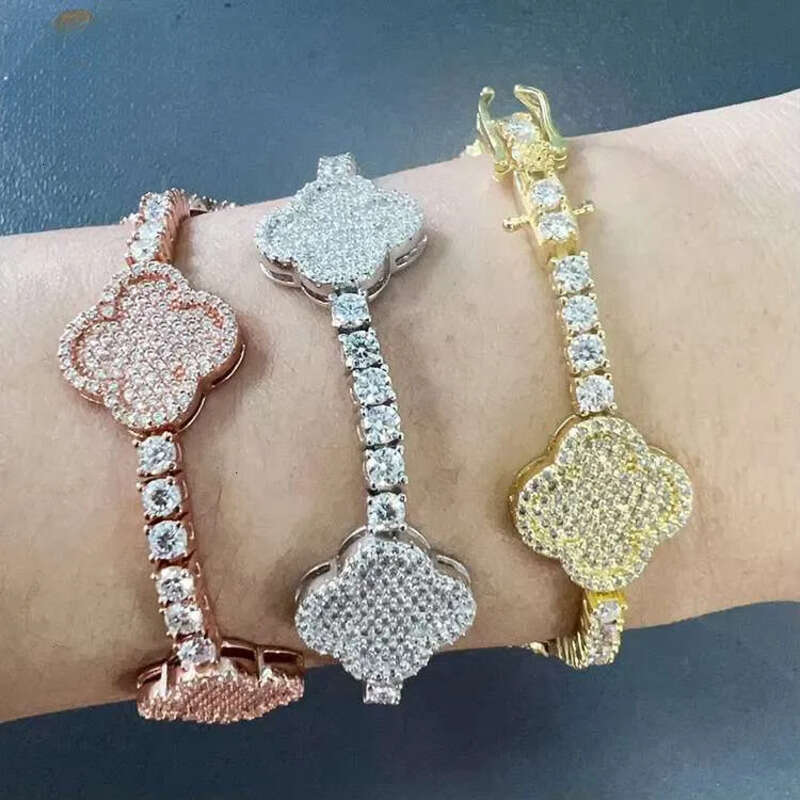 Goldleaf New Product SIER Moissanite Trendy Hip Hop Style Iced Out Lucky Flower Cuban Link Chain Bracelet