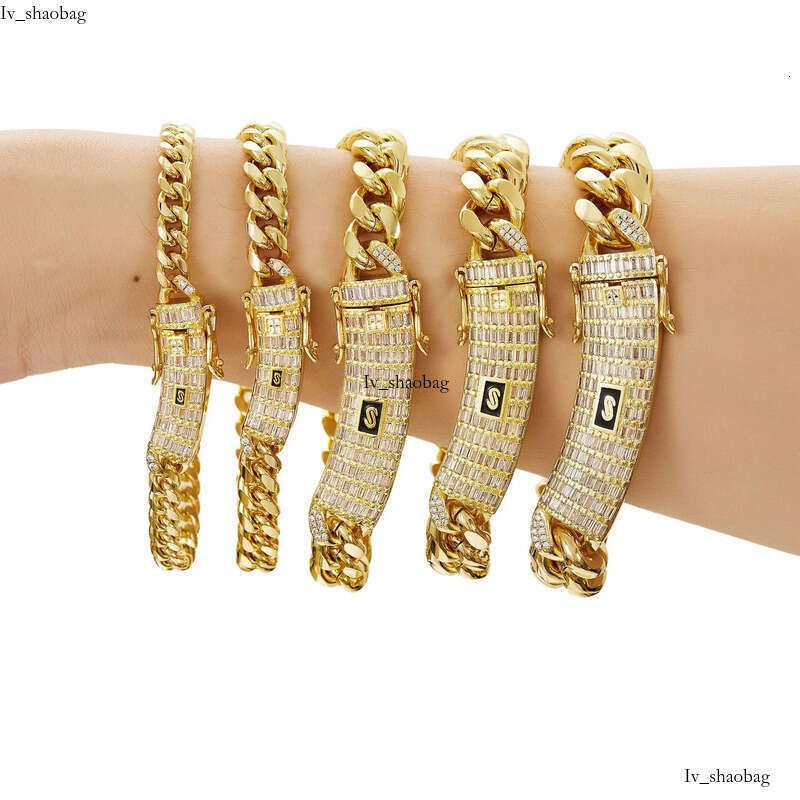 6-14mm Solid Stainless Steel Miami Cuban Chain Necklace Bracelets T Zircon Long Clasp 14K Gold Plated Jewelry