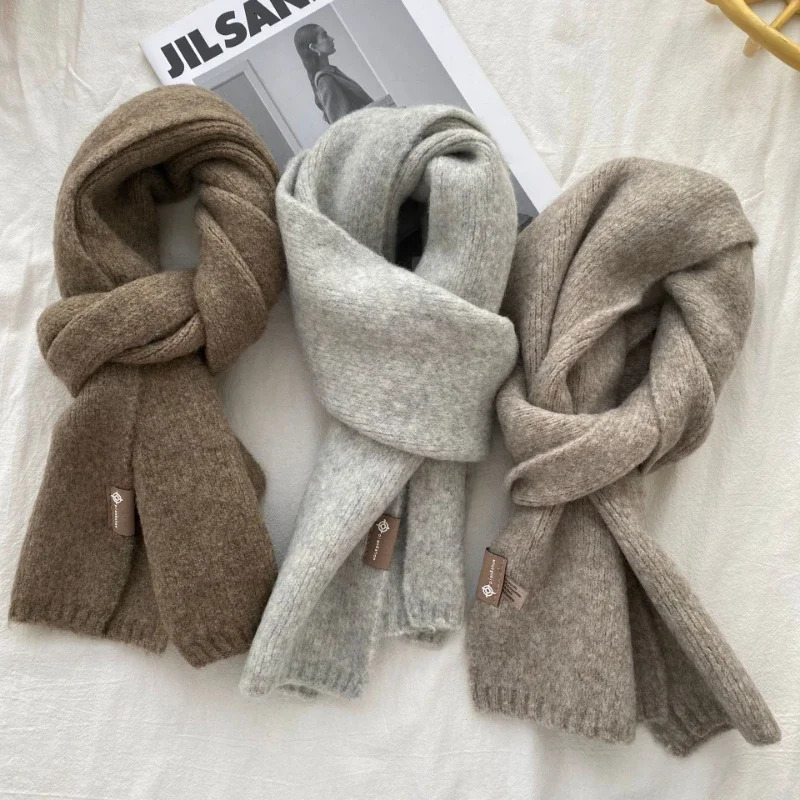 Chic Wool Small Scarf Women Men Wool Blend Knit Solid Color Couple Muffler Korean Thick Warm Versatile Shawl Female Male 250930