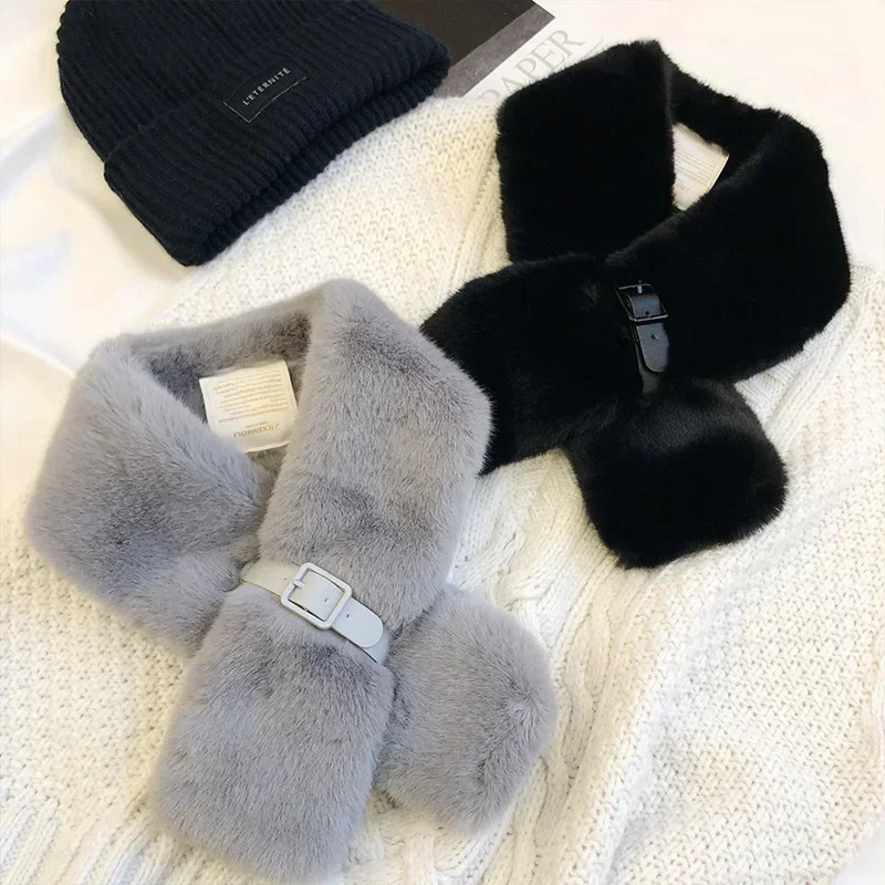 White Black Faux Rabbit Fur Collar Scarf Foulard Women Thick Warm Neck Scarves for Ladies Femme 250929