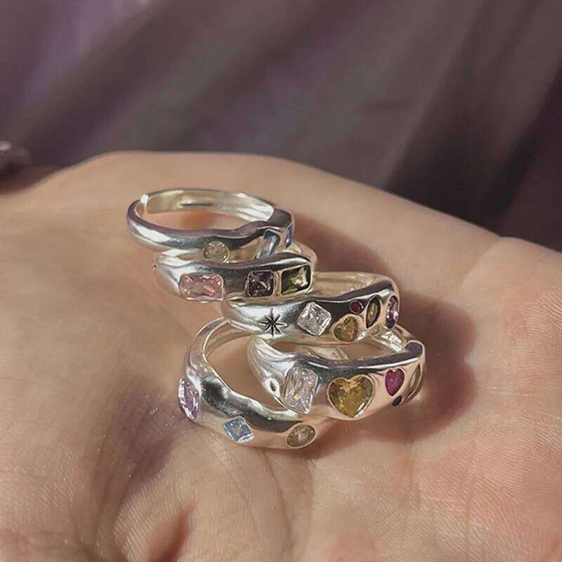 Irregular Texture Retro Inlay Colored Gemstone Sier Color for Women Engaement Wedding Aesthetic Rings Jewelry Girls Gift