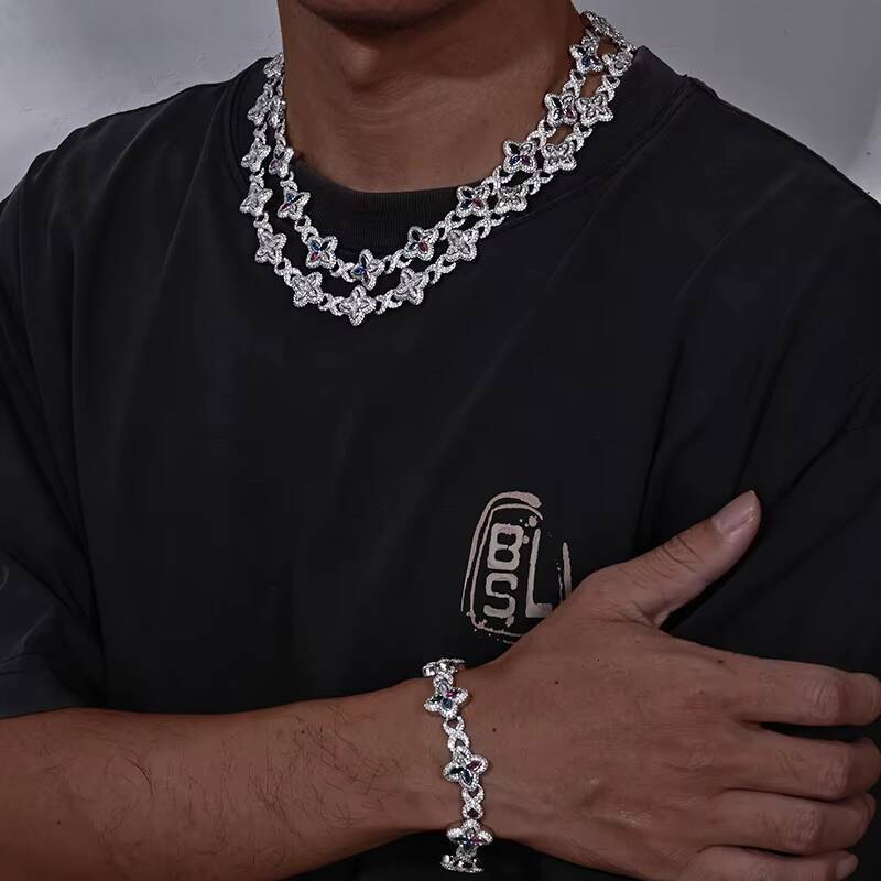 Hot Selling Men Popular 18mm 925 Sterling Silver Iced Out Hip Hop Infinity Clover Moissanite Cuban Bracelet Moissanite Necklace