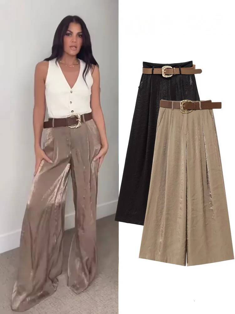 Women New Fashion Solid Belt Wrinkles Decorate Casual Loose Trousers Female Chic Zipper Side Pocket Slim Wide Leg Pants dongdumaoyi