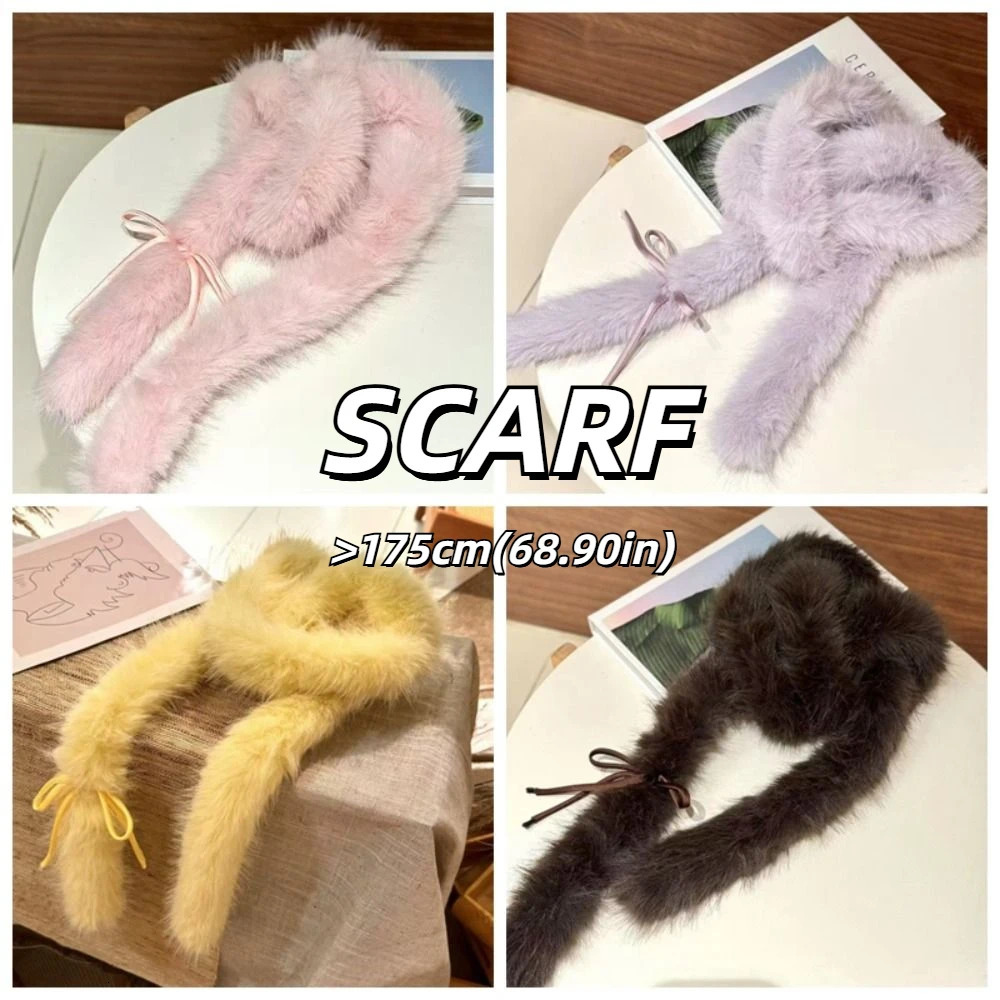 Fashion Solid Color Y2k Bow Scarf Fluffy Harajuku Bowknot Fur Scarf Sweet Women Scarf Female 250929