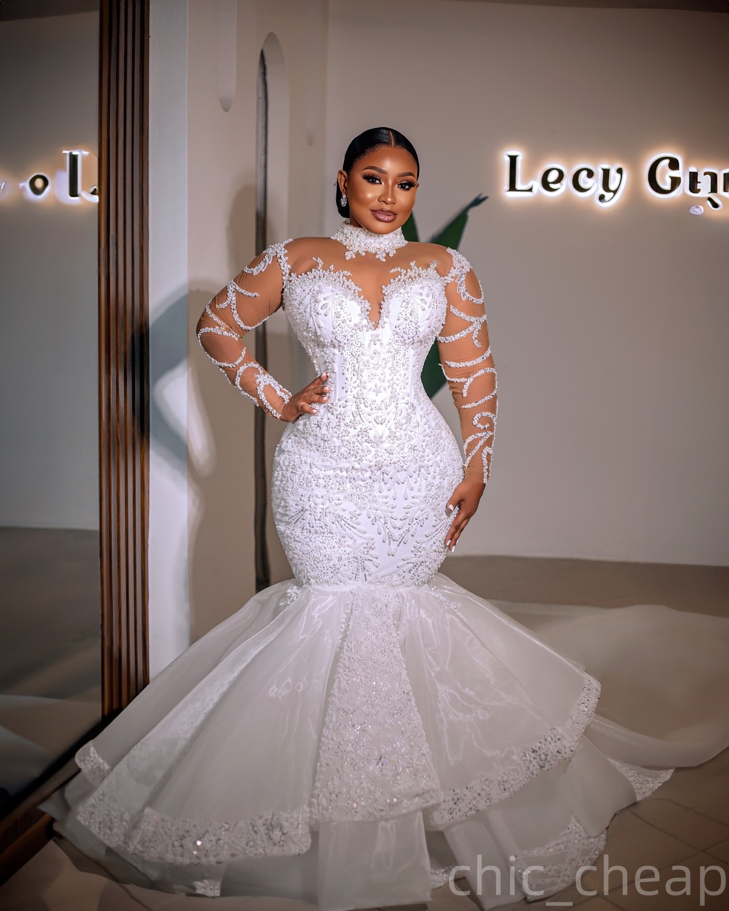 2025 Aso Ebi Plus Size Ivory Mermaid Wedding Dress Pearls Lace Sheer Neck Long Sleeves Organza Bridal Gowns Dresses robe de mariee ZHJ0452