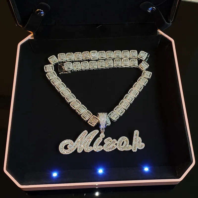 necklace moissanite chain Custom Brush Cursive Iced Out Letter Pendant Name Necklace Baguettes Chain Micro Paved CZ Personalized Hiphop Jewelry