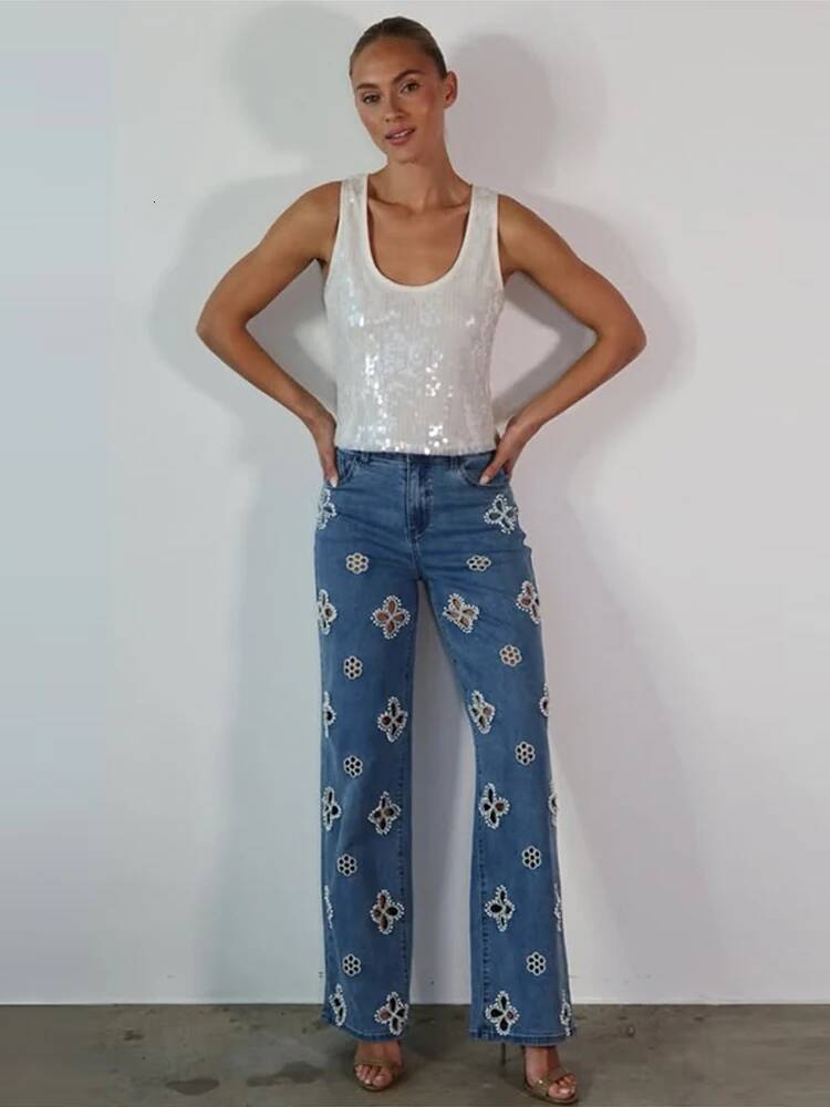 Chic Pearl Flower Cut Out Denim Jeans Pant Women's High Waist Wide Leg Trousers Y2K Style Summer Streetwear Party Casual Pants dongdumaoyi