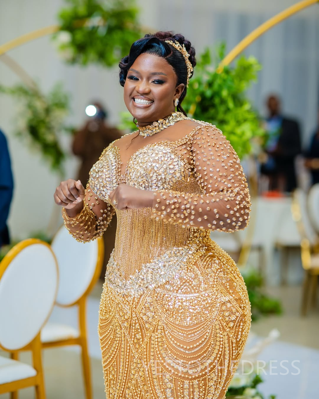 2025 Plus Size Gold Prom Dress Evening Dresses Formal Gowns Illusion Mermaid High Neck Long Sleeves Beaded lace Crystals Birthday Dress Second Recepti